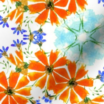 Orange and Blue Loose Watercolour Flowers Kaleidoscope / large scale