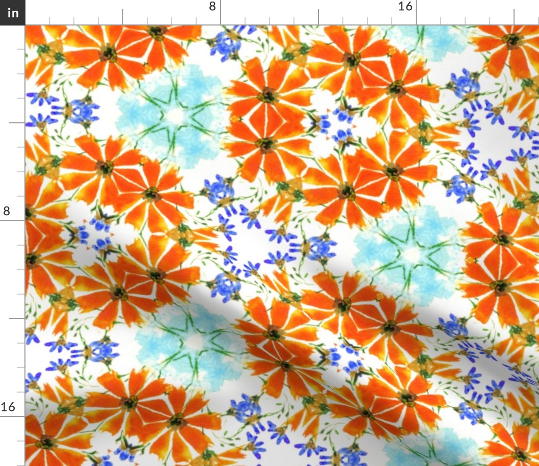 Orange and Blue Loose Watercolour Flowers Kaleidoscope / large scale