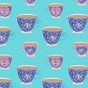 Shabby Chic Teacups Aqua and Royal Blue with Pink Dotty Background