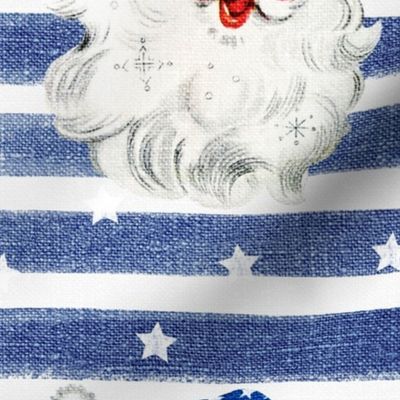 Patriotic Santa on Blue Striped Linen - large scale