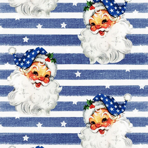 Patriotic Santa on Blue Striped Linen - large scale