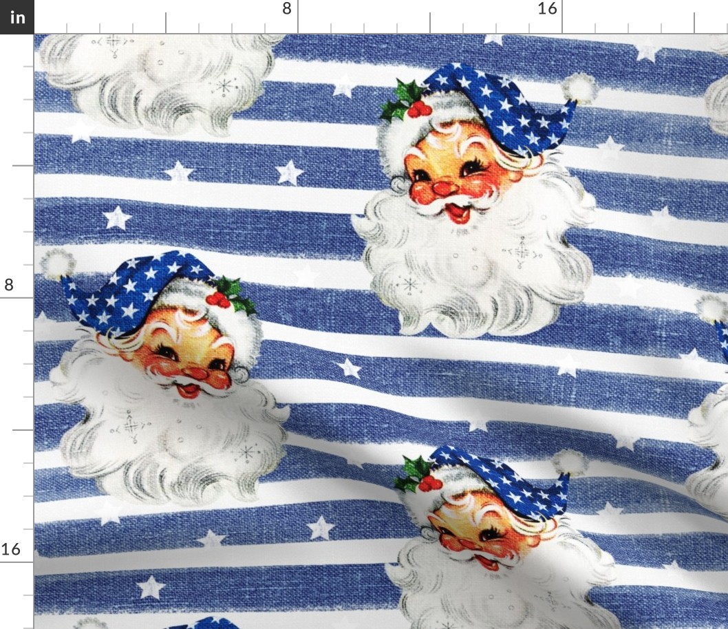 Patriotic Santa on Blue Striped Linen - large scale