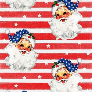 Patriotic Santa on Red Striped Linen - large scale