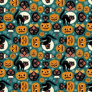XS Micro Scale  / Spooky Vintage Cats And Pumpkins / Dark Blue 