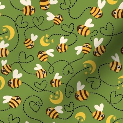 Spring green Honey Bees, flying kids baby animals, love moon and stars