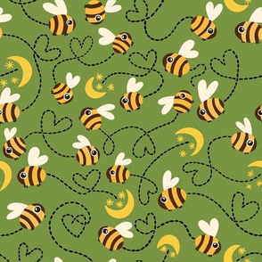 Spring green Honey Bees, flying kids baby animals, love moon and stars