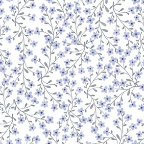  Watercolor blue flowers with leaves. Ditsy Light blue baby floral pattern. Simple kids minimalist botanical.