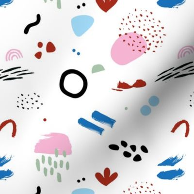 Abstract paint and ink spots raw brush strokes and dots scandinavian mid century style design multi color blue pink green