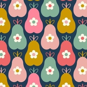  Retro pears, daisies, colorful fruit, blue 