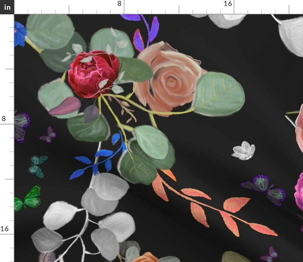 Eucalyptus and Hand Drawn Roses Botanical Pattern