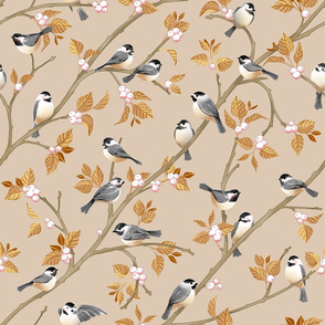 Chickadees in Golden Snowberries on Beige