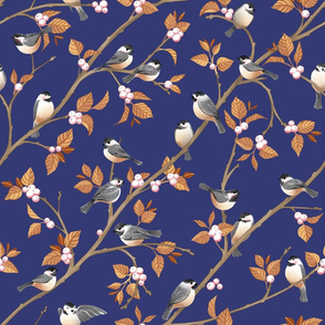 Chickadees in Golden Snowberries on Royal Blue
