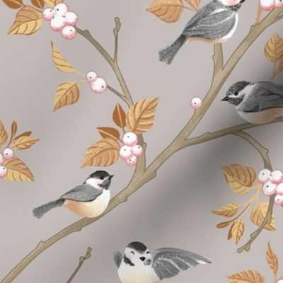 Chickadees in Golden Snowberries on Silver