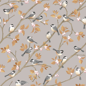 Chickadees in Golden Snowberries on Silver