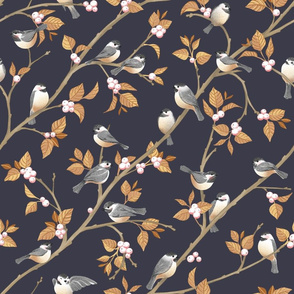 Chickadees in Golden Snowberries on Navy