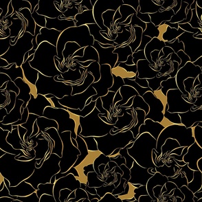 Gold Art deco pattern. Lined black gardenia. Flowers floral ornate. 