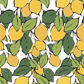 Bright yellow lemons with green leaves. Fresh citrus fruits pattern.