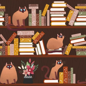 library cats on bookshelves - dark