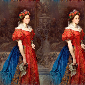 brown red blue gowns flowers floral roses crown tiara headdress baroque Victorian gold embroidery lace veil statues beautiful lady  princess queen royalty woman beauty  puffy sleeves  antique rococo portraits elegant gothic lolita egl 18th century 19th ne