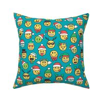 Christmas Holidays Smiley Emoticon Emoji Doodle on Dark Aqua  Blue