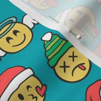 Christmas Holidays Smiley Emoticon Emoji Doodle on Dark Aqua  Blue