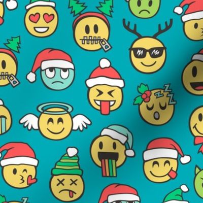 Christmas Holidays Smiley Emoticon Emoji Doodle on Dark Aqua  Blue
