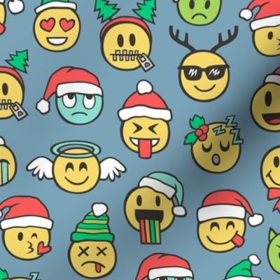 Christmas Holidays Smiley Emoticon Emoji Doodle on Light Navy Blue