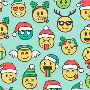 Christmas Holidays Smiley Emoticon Emoji Doodle on Mint Green