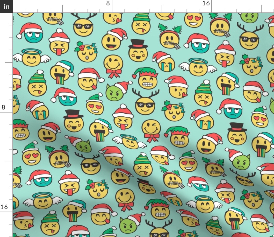 Christmas Holidays Smiley Emoticon Emoji Doodle on Mint Green