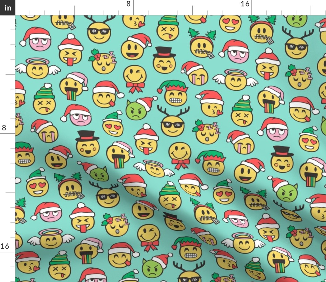 Christmas Holidays Smiley Emoticon Emoji Doodle Pink on Mint Green