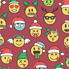 Christmas Holidays Smiley Emoticon Emoji Doodle on Dark Red