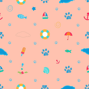 Summer time symbols with cute doodle paw prints funny summer orange background pattern
