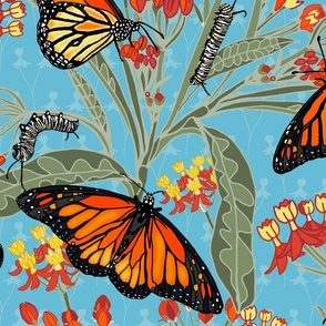 A Butterfly's Poison - Milkweed, Monarch butterflies and caterpillars on Crystal Seas Blue #66BBD5