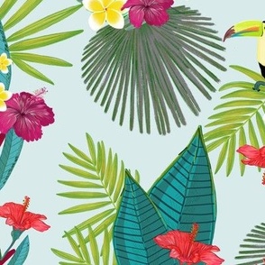 Colorful tropical flowers, toucan, flamingo illustration pattern 