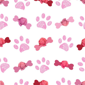 Doodle pink paw prints and bone hand drawn beautiful pink roses pattern