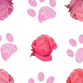 Doodle pink paw prints  with hand drawn beautiful pink roses pattern