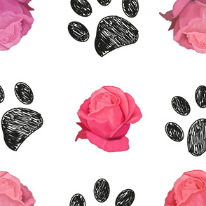 Doodle black paw prints and hand drawn beautiful black&pink roses pattern
