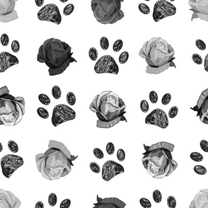 Doodle black paw prints and hand drawn beautiful black&grey roses pattern