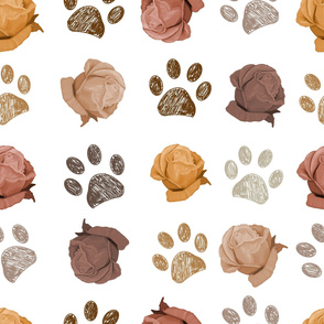 Doodle brown paw prints and hand drawn beautiful brown roses pattern