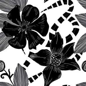 Monochrome Blow-Ups Lily Flower and Snake Luxury Design Black White Pattern