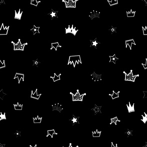 Hand Drawn Crown and Stars Black White Pattern