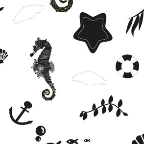 Seahorse and sea plants black white marine pattern