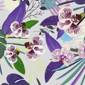 Orchid and purple and green tropical palm and monstera leaves pattern