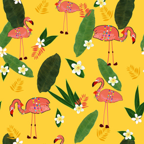 Banana Leaves and Frangipani Tropical Flowers With Flamingos Pattern