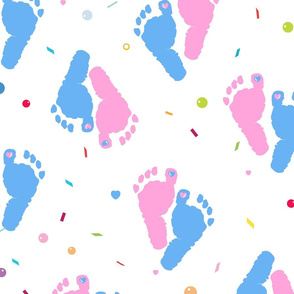 Pink and Blue Colored Baby Foot Prints With Confetti and Balloons Pattern