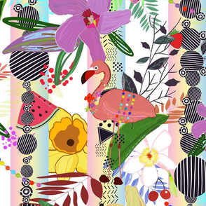 Tropical Flower, Flamingo and Exotic Flowers Pattern With Cherry, Strawberry