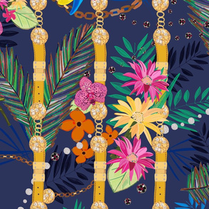 Tropical Flowers Golden Belt and Chain Vibrant Colored Trendy Pattern