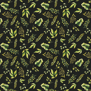 8" Herbal Green Greenery Pattern on Soft Black
