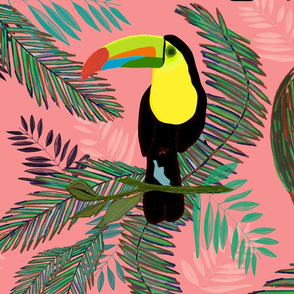 Tropical Leaves, Colorful Palm, Toucan and Humming Bird Exotic Pattern