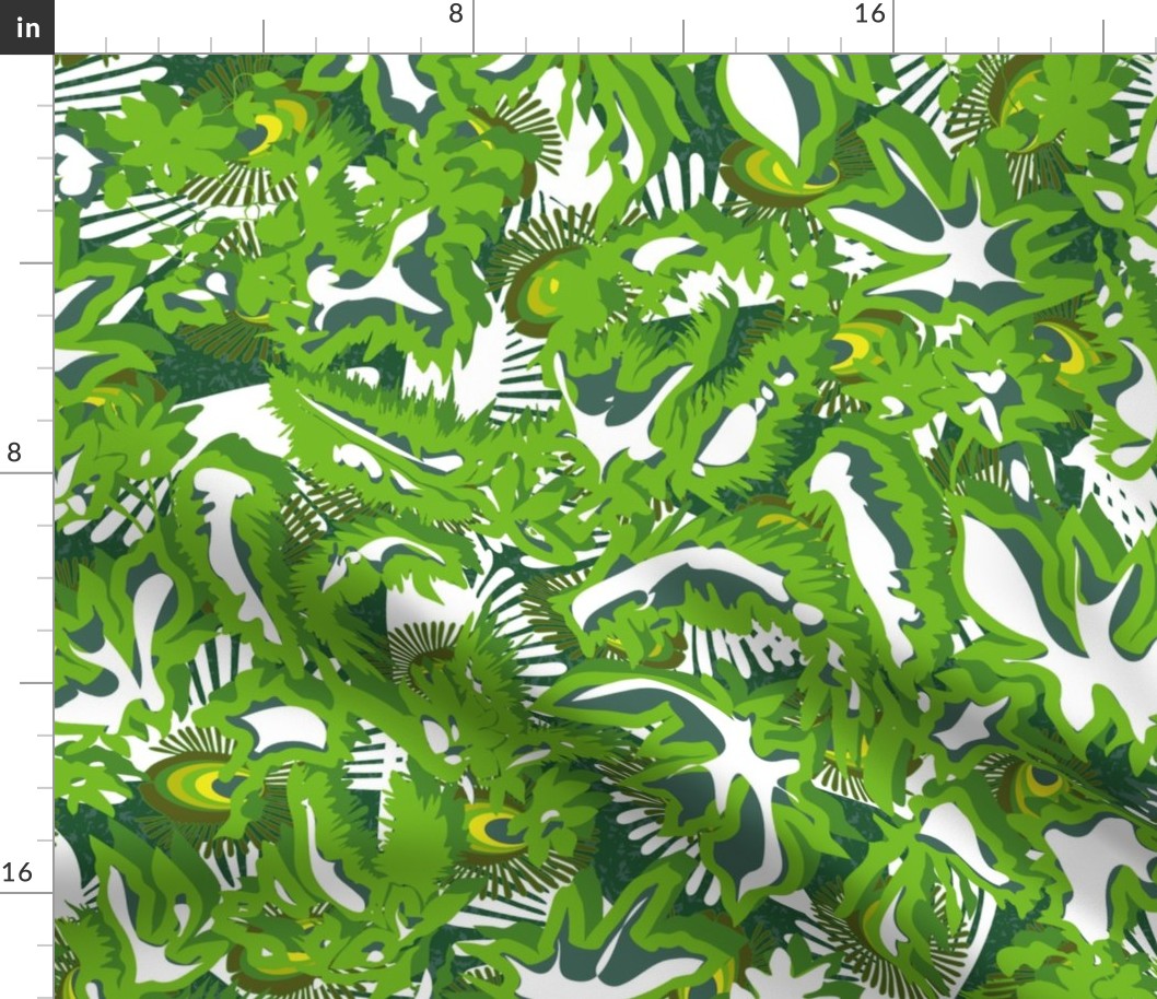 Abstract, organic. Fireflies and leaves, white, green, light green, dark green, yellow